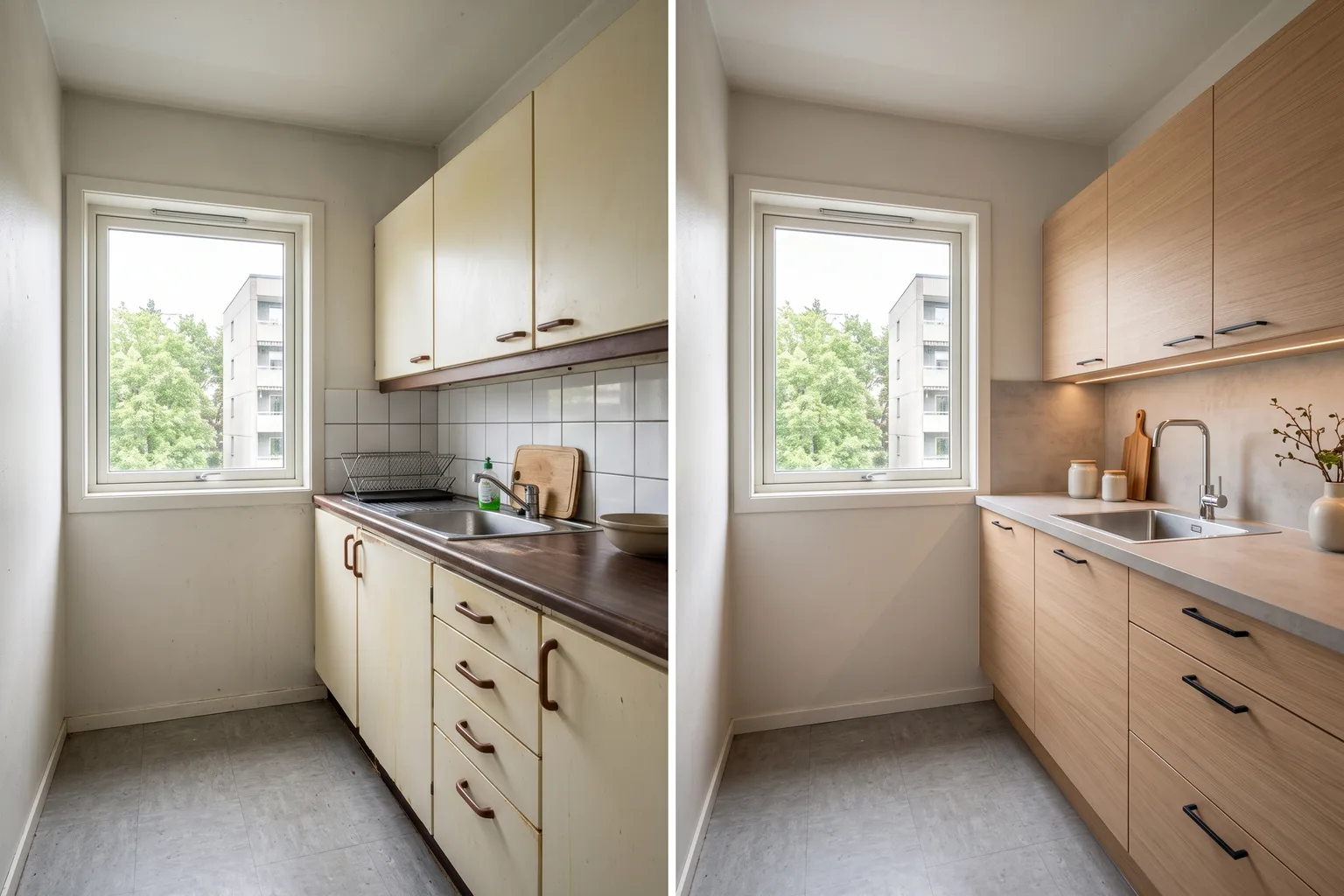 Før og etter et frontbytte i en Oslo-blokk fra sekstitallet, samme kjøkken sett fra samme sted