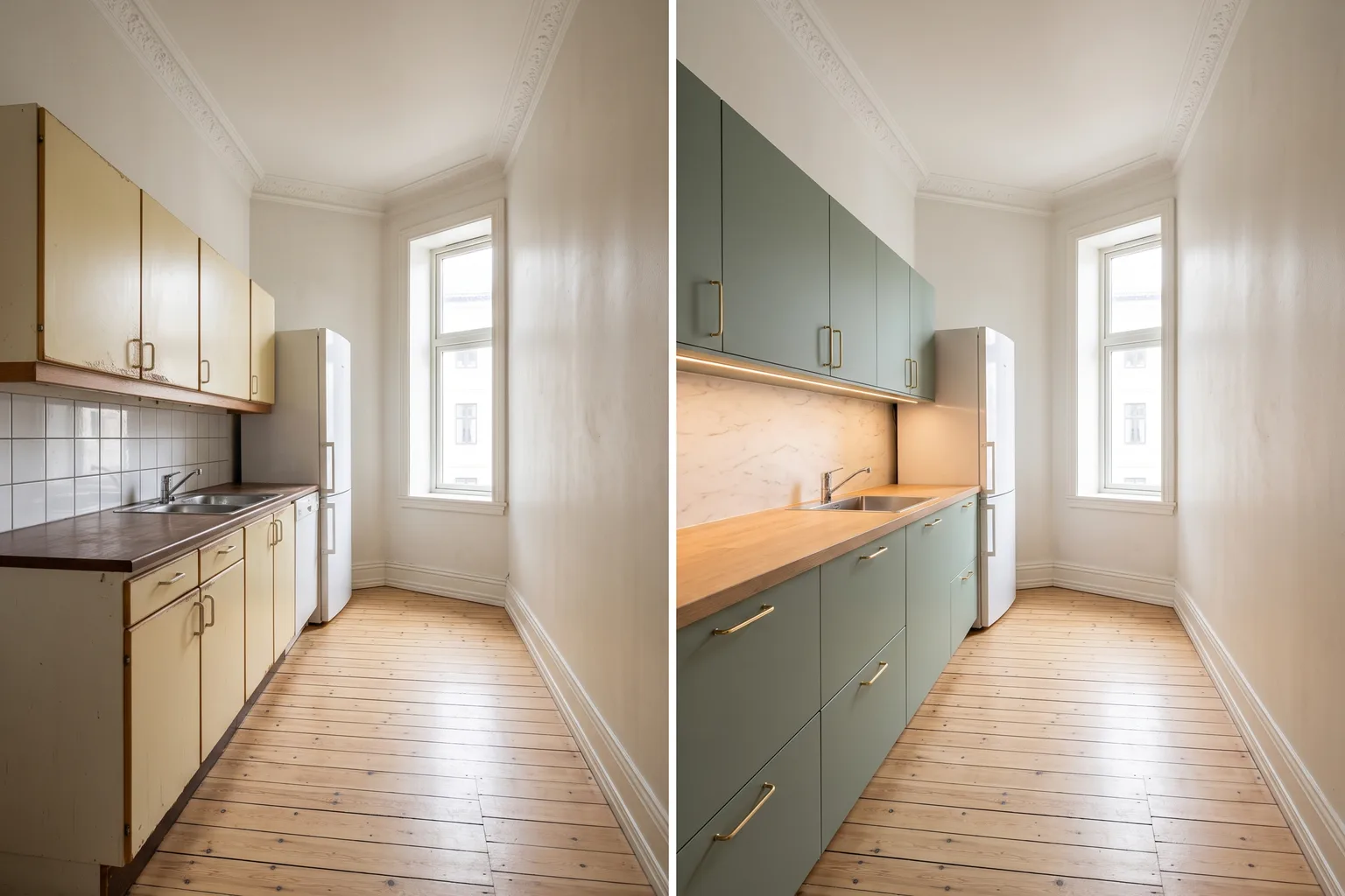 Før og etter et frontbytte i en Oslo-bygård, samme kjøkken sett fra samme sted