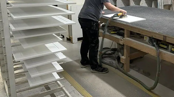 Person sliper en hvit front på et arbeidsbord, ved siden av et stativ med fronter